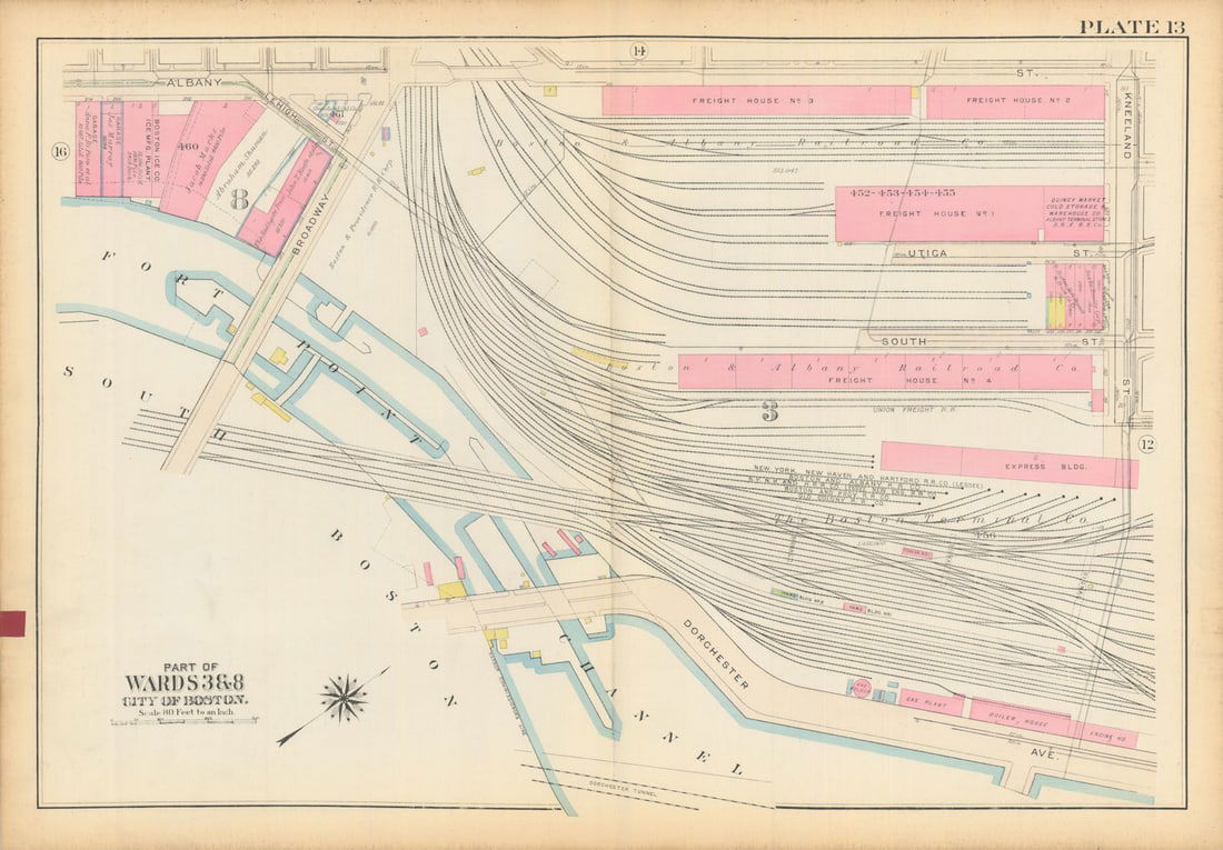 Boston #13 South Bay rail yard/Interchange. Fort Point Channel. BROMLEY 1928 map: Title: Boston #13 South Bay rail yard/Interchange. Fort Point Channel. BROMLEY 1928 map Description: Plate 13 - Part of Wards 3 and 8 - City of Boston [South Bay rail yards, Fort Point Channel,