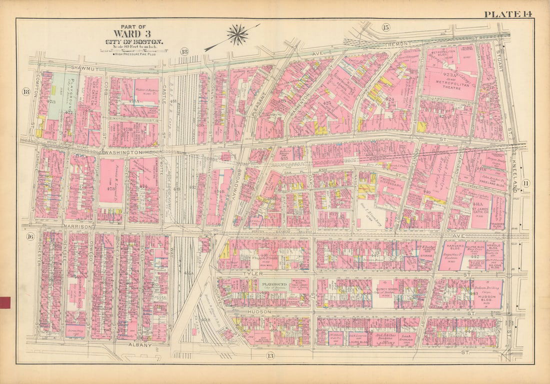 Boston #14 South End (north), Chinatown & Theatre District. BROMLEY 1928 map: Title: Boston #14 South End (north), Chinatown & Theatre District. BROMLEY 1928 map Description: Plate 14 - Part of Ward 3 - City of Boston [South End (north part) / Chinatown, Theatre District (south