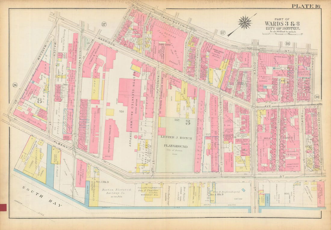 Boston #16 South End - SoWa. Rotch Playground. Harrison Ave. BROMLEY 1928 map: Title: Boston #16 South End - SoWa. Rotch Playground. Harrison Ave. BROMLEY 1928 map Description: Plate 16 - Part of Wards 3 and 8 - City of Boston [South End (near South Bay, South of Washington)].