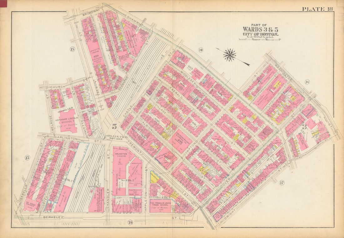 Boston #18 South End/Bay Village. Arlington Street/Shawmut Ave. BROMLEY 1928 map: Title: Boston #18 South End/Bay Village. Arlington Street/Shawmut Ave. BROMLEY 1928 map Description: Plate 18 - Part of Wards 3 and 5 - City of Boston [South End / Bay Village (Arlington Square)]. Thi
