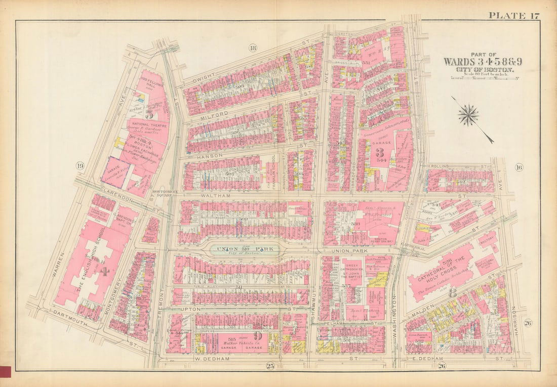 Boston #17 South End. Union Park. Cathedral of Holy Cross. BROMLEY 1928 map: Title: Boston #17 South End. Union Park. Cathedral of Holy Cross. BROMLEY 1928 map Description: Plate 17 - Part of Wards 3, 4, 5, 8 and 9 - City of Boston [South End (Union Park area)]. This map was p