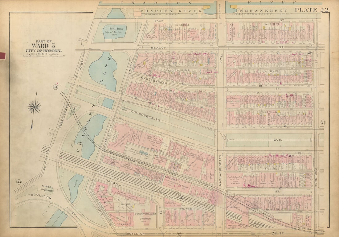 Boston #22 Back Bay. Charlesgate Park / Commonwealth Avenue. BROMLEY 1928 map: Title: Boston #22 Back Bay. Charlesgate Park / Commonwealth Avenue. BROMLEY 1928 map Description: Plate 22 - Part of Ward 5 - City of Boston [Back Bay (Hereford St. to Charlesgate and Mass. Ave.)].