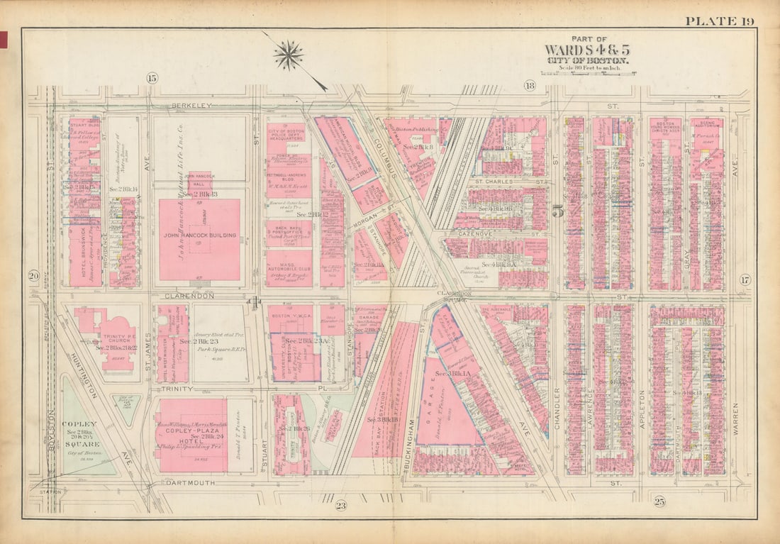 Boston #19 Back Bay Station/South End. Copley. Hancock Tower. BROMLEY 1928 map: Title: Boston #19 Back Bay Station/South End. Copley. Hancock Tower. BROMLEY 1928 map Description: Plate 19 - Part of Wards 4 and 5 - City of Boston [Back Bay / South End (Copley Square area)]. This