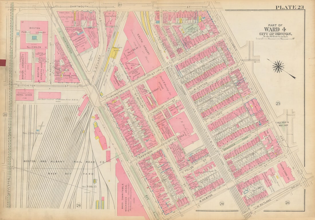 Boston #23 Back Bay / South End. Public Library. Hotel Lenox. BROMLEY 1928 map: Title: Boston #23 Back Bay / South End. Public Library. Hotel Lenox. BROMLEY 1928 map Description: Plate 23 - Part of Ward 4 - City of Boston [Back Bay / South End border]. This map was prepared for f