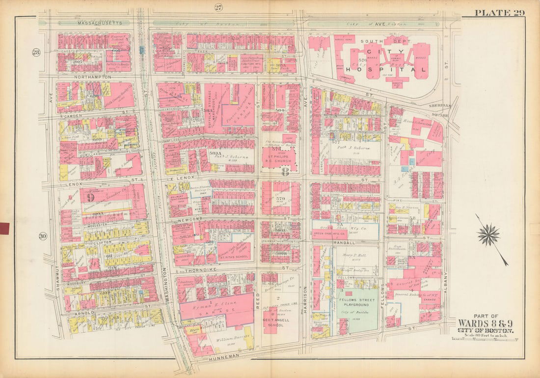 Boston #29 Lower Roxbury/SoWa. Shawmut-Albany. City Hospital. BROMLEY 1928 map (1 of 1)
