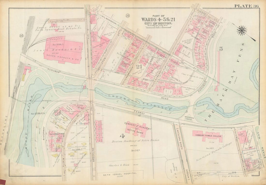 Boston #36 Fenway, Back Bay Fens & Longwood Medical Area. BROMLEY 1928 old map: Title: Boston #36 Fenway, Back Bay Fens & Longwood Medical Area. BROMLEY 1928 old map Description: Plate 36 - Part of Wards 4, 5 and 21 - City of Boston [Fenway, West Fens, Longwood Medical Area].