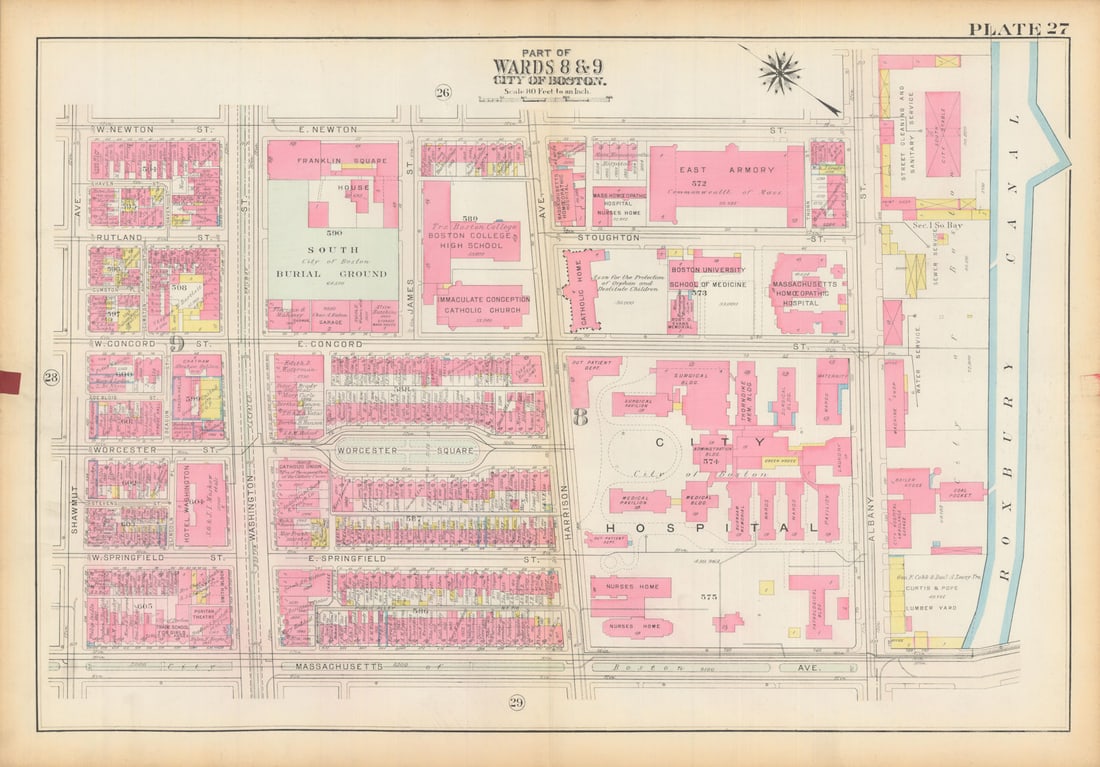 Boston #27 South End/Roxbury Canal/SoWa. BU School of Medicine. BROMLEY 1928 map: Title: Boston #27 South End/Roxbury Canal/SoWa. BU School of Medicine. BROMLEY 1928 map Description: Plate 27 - Part of Wards 8 and 9 - City of Boston [South End / Roxbury Canal area (south of
