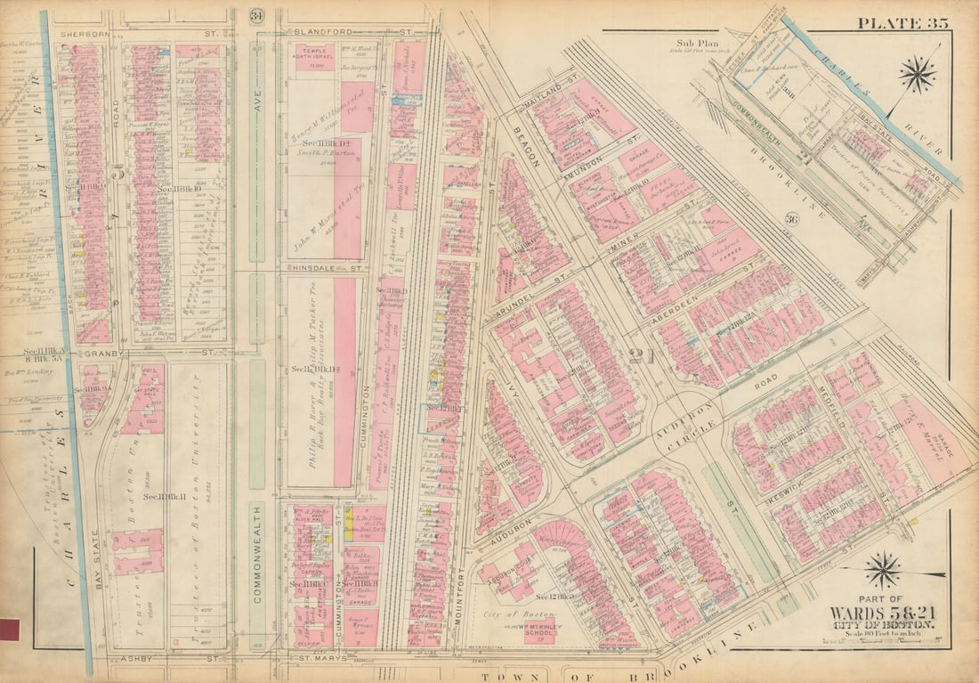 Boston #35 West Fenway/Boston University area. Audubon Circle. BROMLEY 1928 map: Title: Boston #35 West Fenway/Boston University area. Audubon Circle. BROMLEY 1928 map Description: Plate 35 - Part of Wards 5 and 21 - City of Boston [West Fenway / Boston University area]. This map