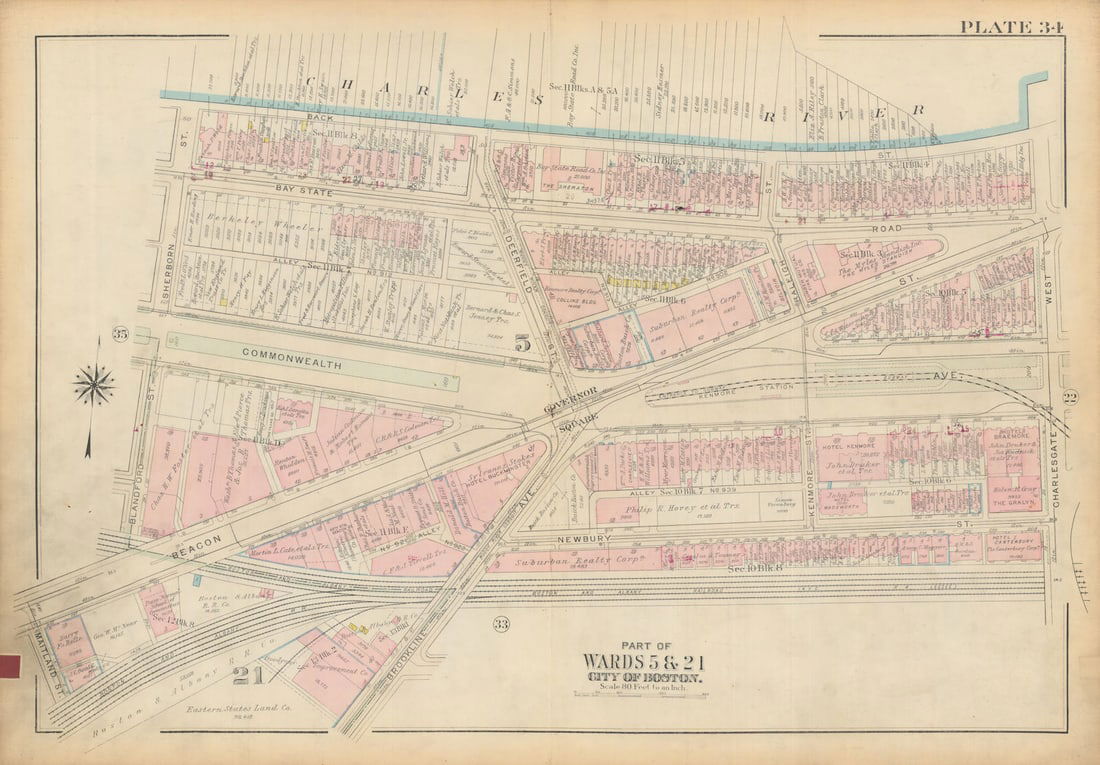 Boston #34 Fenway/Kenmore. Governor Square. Commonwealth Ave. BROMLEY 1928 map: Title: Boston #34 Fenway/Kenmore. Governor Square. Commonwealth Ave. BROMLEY 1928 map Description: Plate 34 - Part of Wards 5 and 21 - City of Boston [Fenway, Kenmore Square and rail approaches].