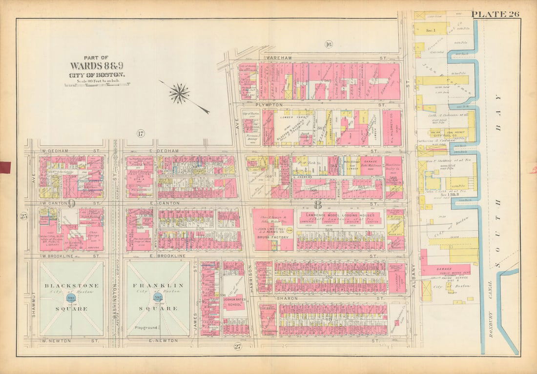 Boston #26 South End- SoWa. Blackstone & Franklin Squares. BROMLEY 1928 map: Title: Boston #26 South End- SoWa. Blackstone & Franklin Squares. BROMLEY 1928 map Description: Plate 26 - Part of Wards 8 and 9 - City of Boston [South End / South Bay (Blackstone & Franklin