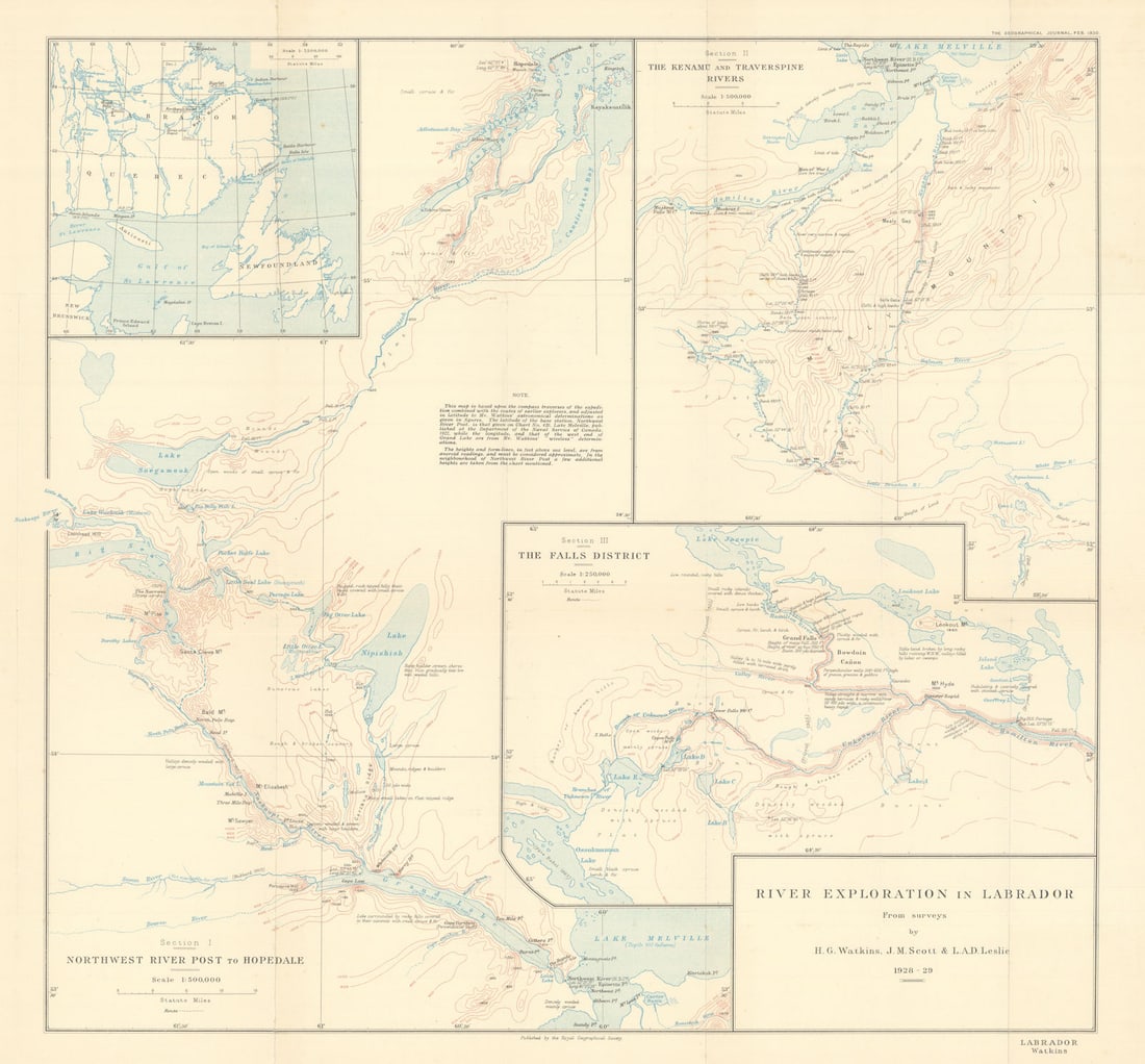 Labrador river exploration by Watkins, Scott & Leslie. Canada. RGS 1930 map: Title: Labrador river exploration by Watkins, Scott & Leslie. Canada. RGS 1930 map Description: River Exploration in Labrador (from surveys by H. G. Watkins, J. M. Scott & L. A. D. Leslie,