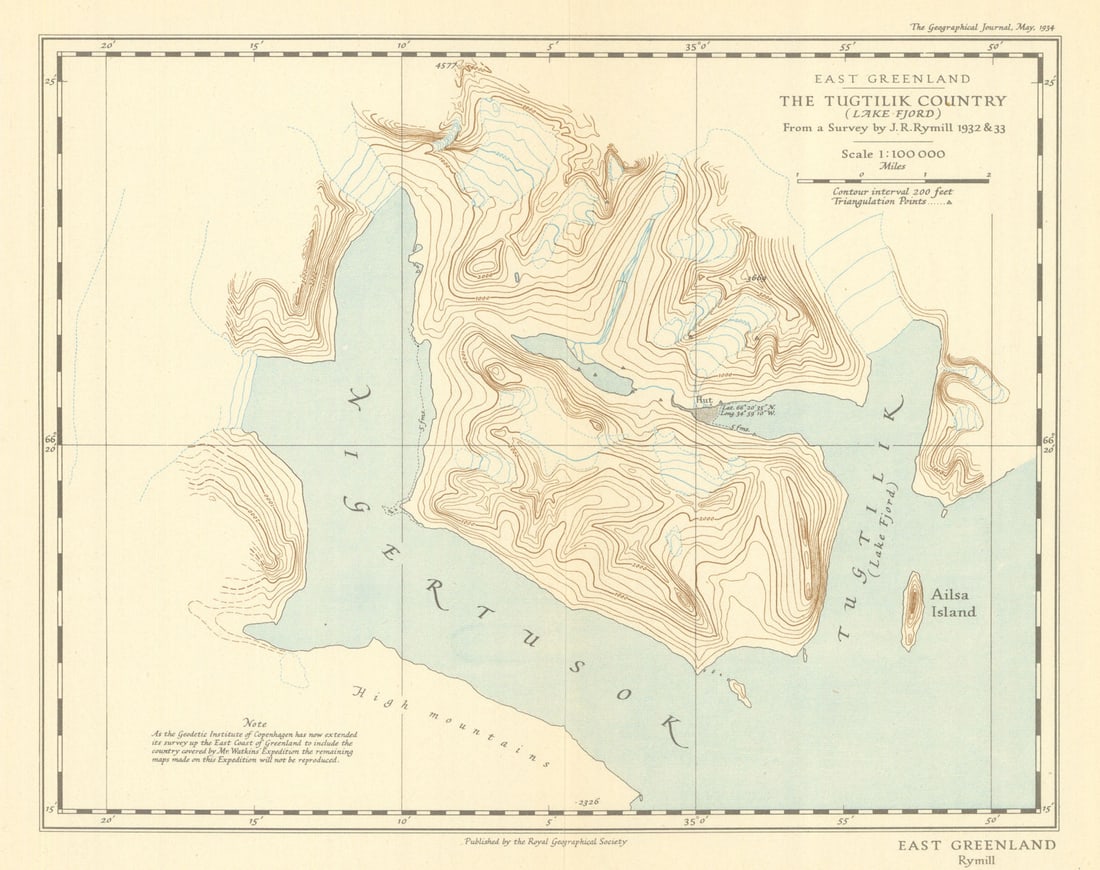 East Greenland. Tugtilik/Tuttilik Country Lake Fjord survey. Rymill/RGS 1934 map: Title: East Greenland. Tugtilik/Tuttilik Country Lake Fjord survey. Rymill/RGS 1934 map Description: East Greenland. The Tugtilik Country (Lake Fjord). From a Survey by J. R. Rymill, 1932 &