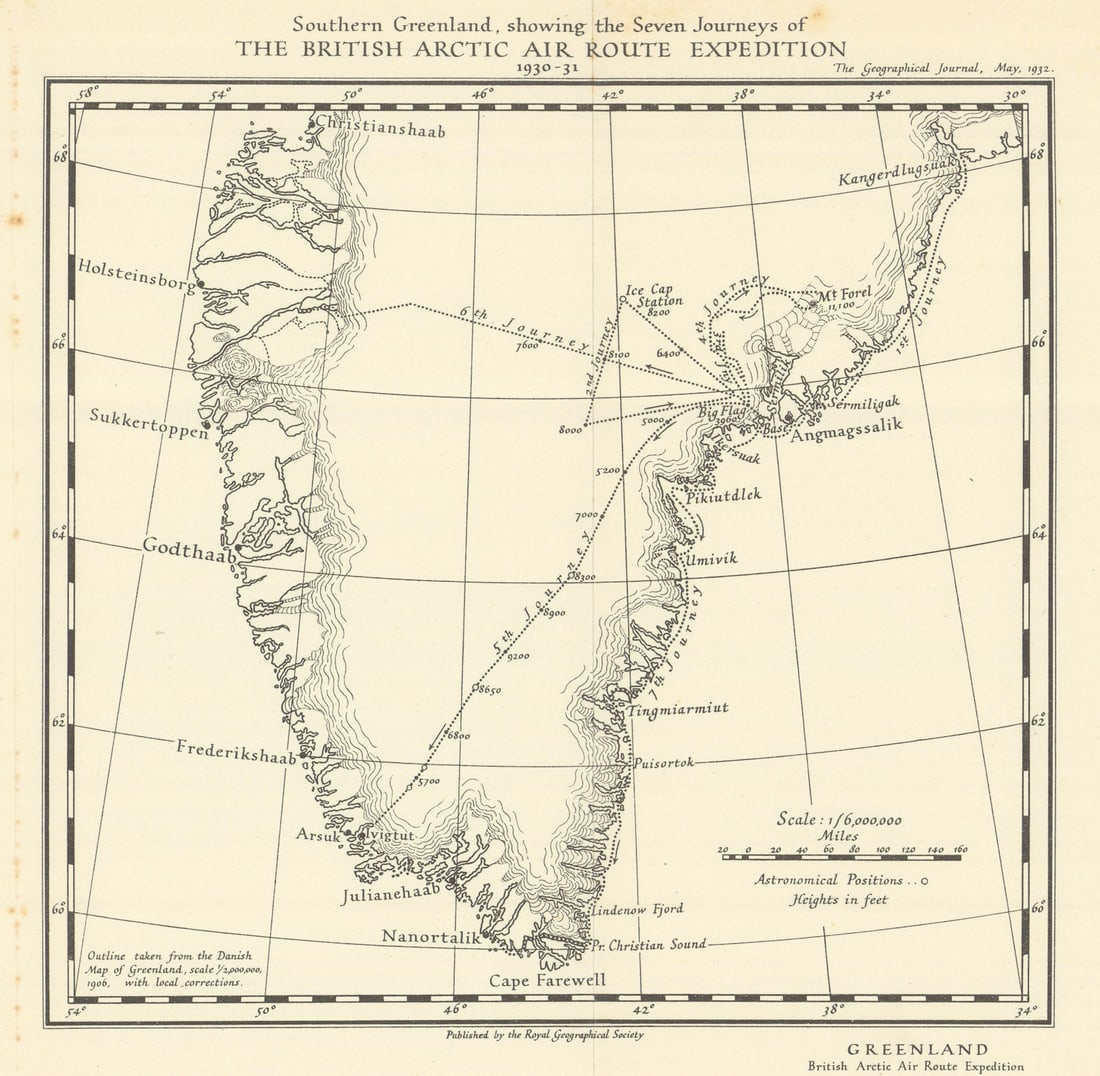 Southern Greenland showing the seven journeys of BAARE 1930-1931. RGS 1932 map (1 of 1)