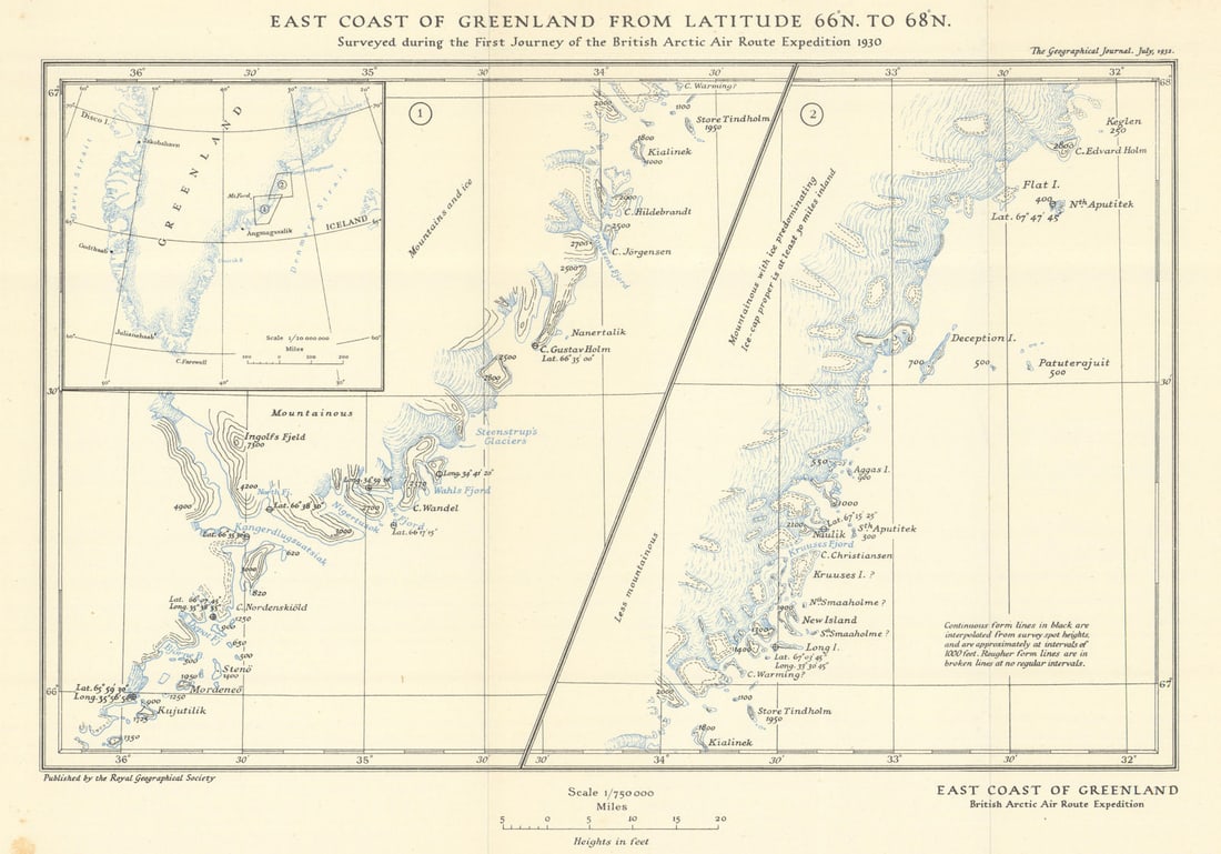 East Greenland Coast 66-68°N. 1st BAARE Journey 1930. Watkins. RGS 1932 map (1 of 1)