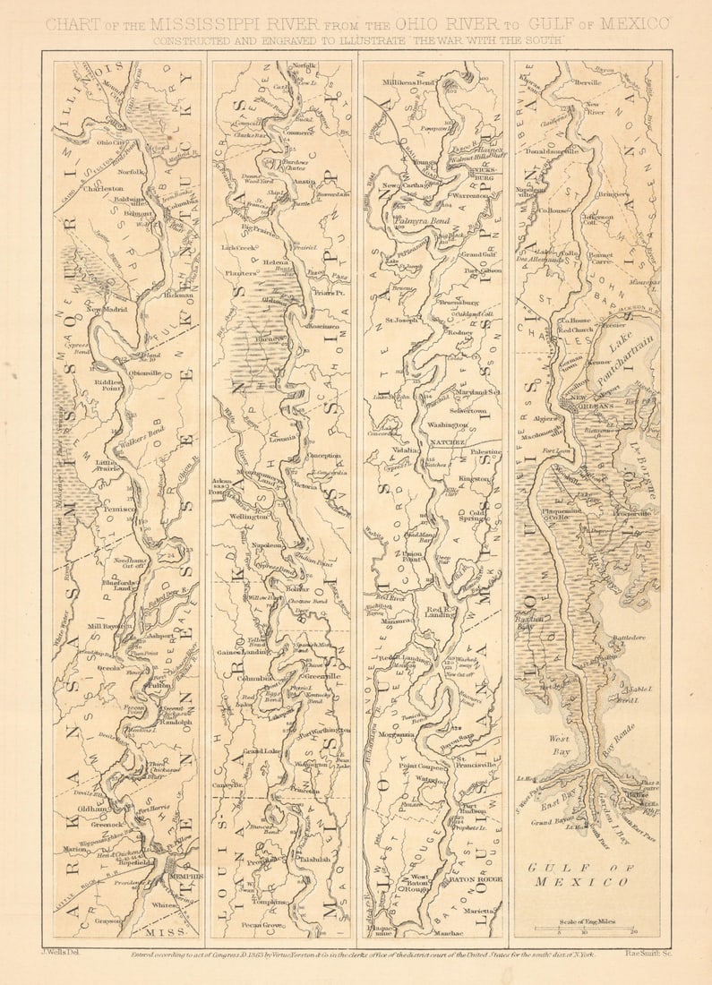 AMERICAN CIVIL WAR. Mississippi River from the Ohio to Gulf of Mexico 1864 map (1 of 1)