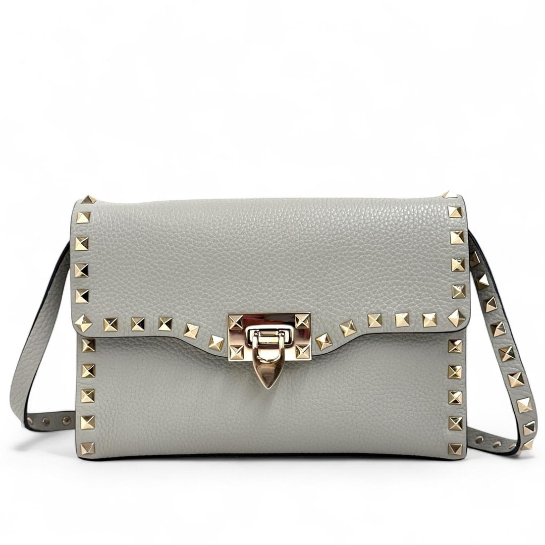 VALENTINO GARAVANI Rockstud Shoulder Bag in Grey Leather: Title:VALENTINO GARAVANI Rockstud Shoulder Bag in Grey Leather Materials:Leather Dimension:Dimensions: L 23 cm × H 16 cm × D 6 cm – Adjustable shoulder strap Description:(6322B297). Va