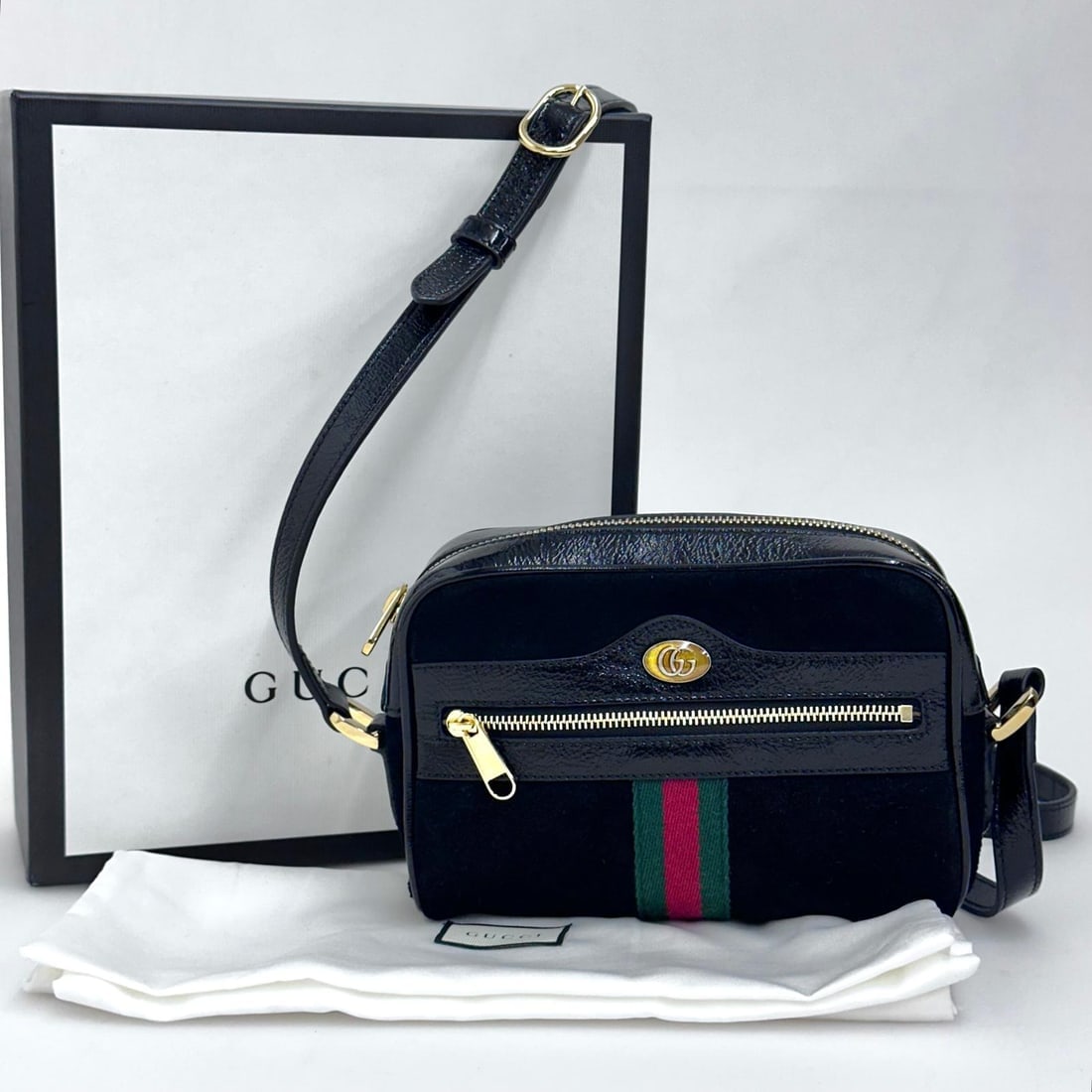 GUCCI Ophidia Small Camera Bag in Black Suede and Patent Leather. - 2