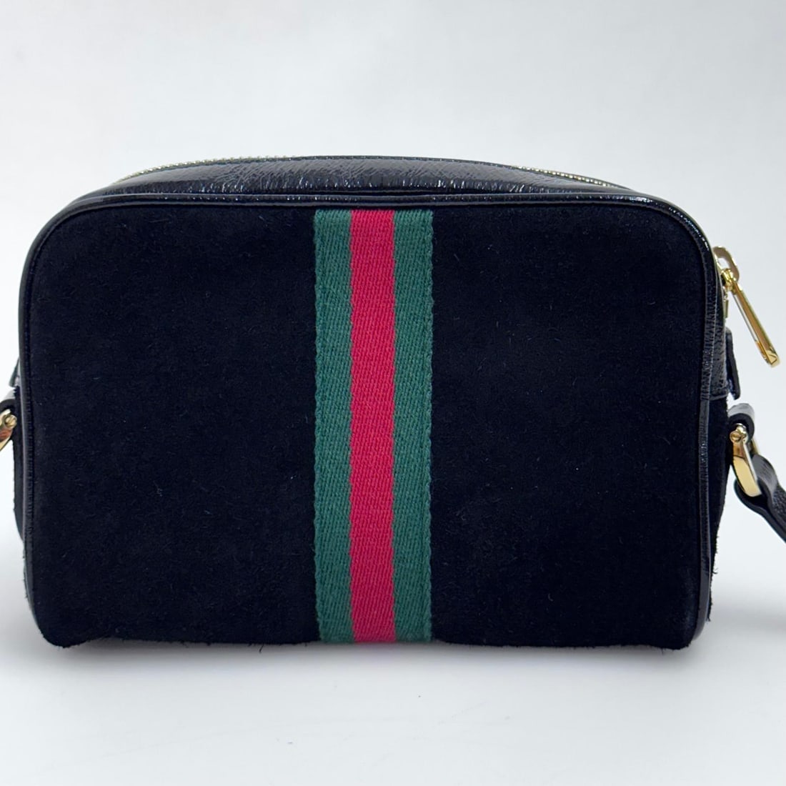 GUCCI Ophidia Small Camera Bag in Black Suede and Patent Leather. - 5