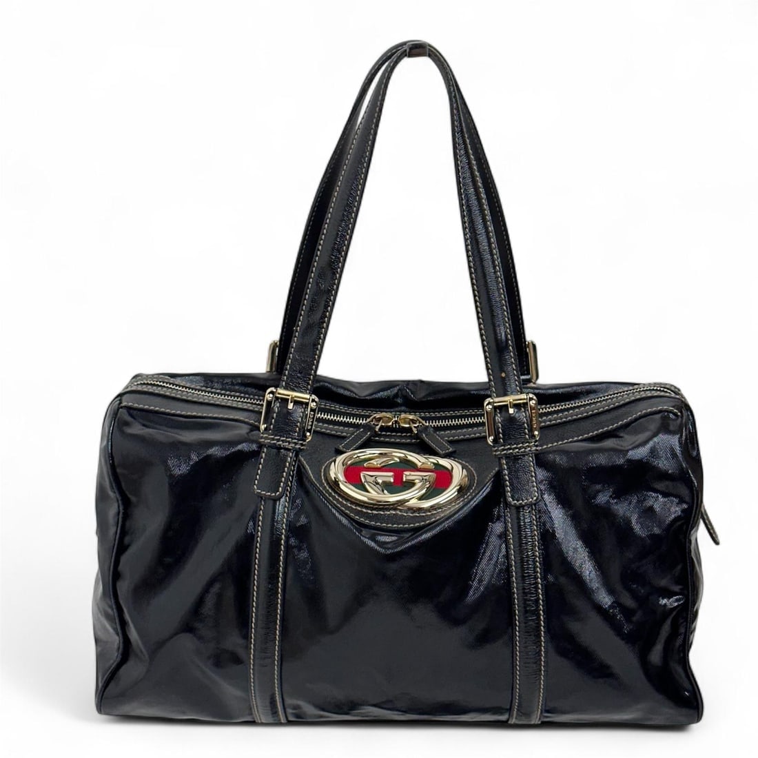 GUCCI Britt Black Patent Leather Shoulder Bag with Enamelled Logo (1 of 14)