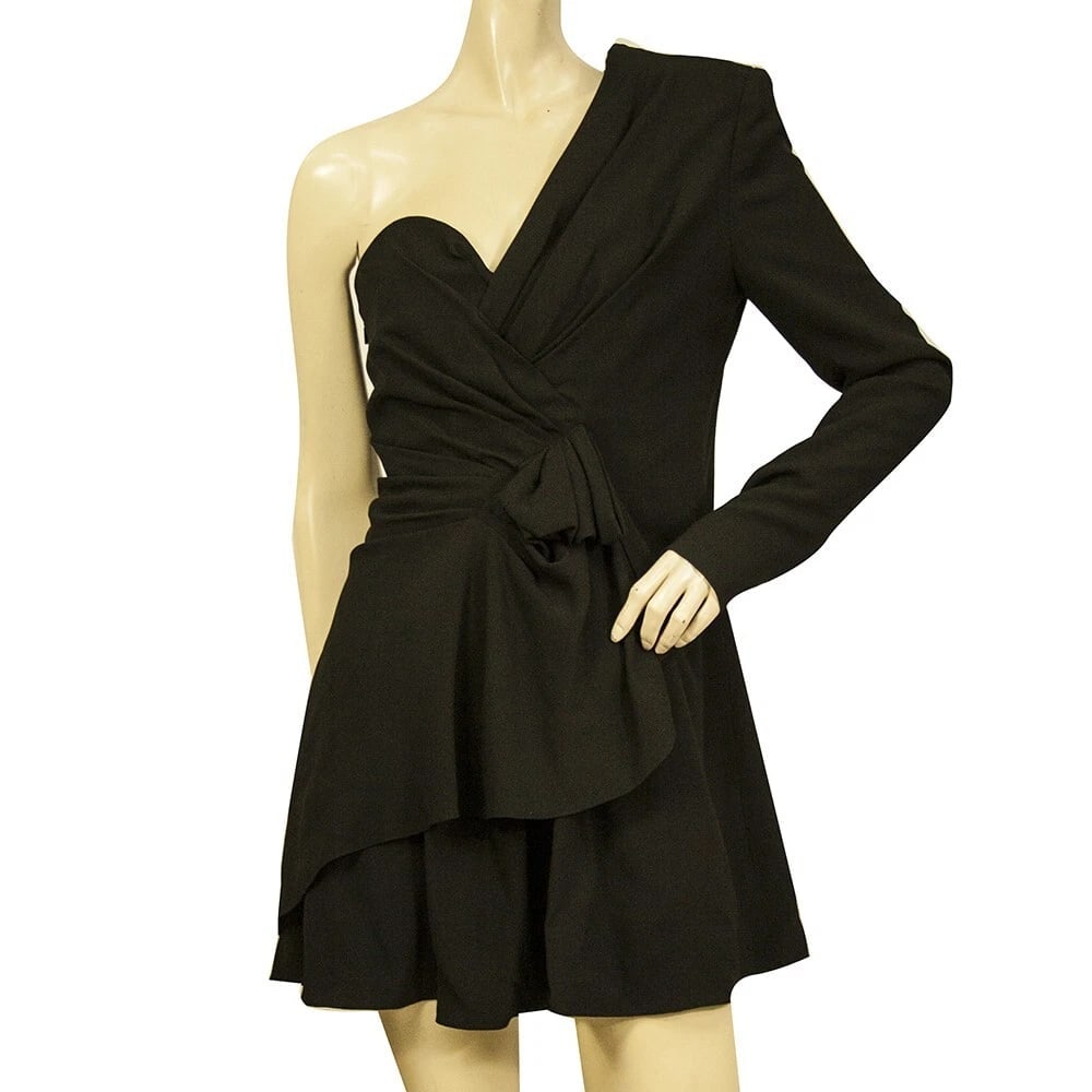 Saint Laurent black one sleeve bow-embellished layered mini dress FR 38 (1 of 8)
