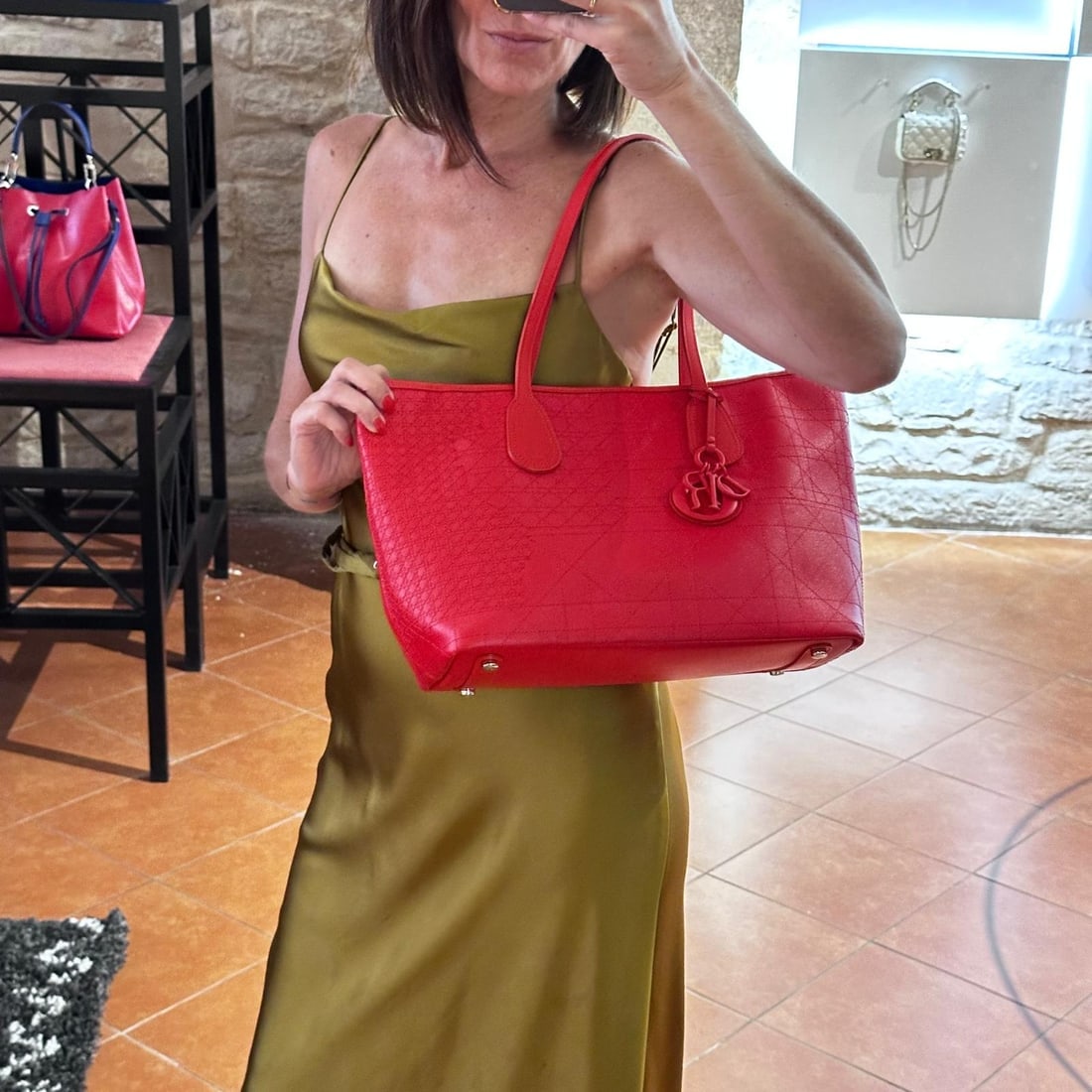 CHRISTIAN DIOR Panarea Tote Bag in Coral Red Cannage Canvas - 16