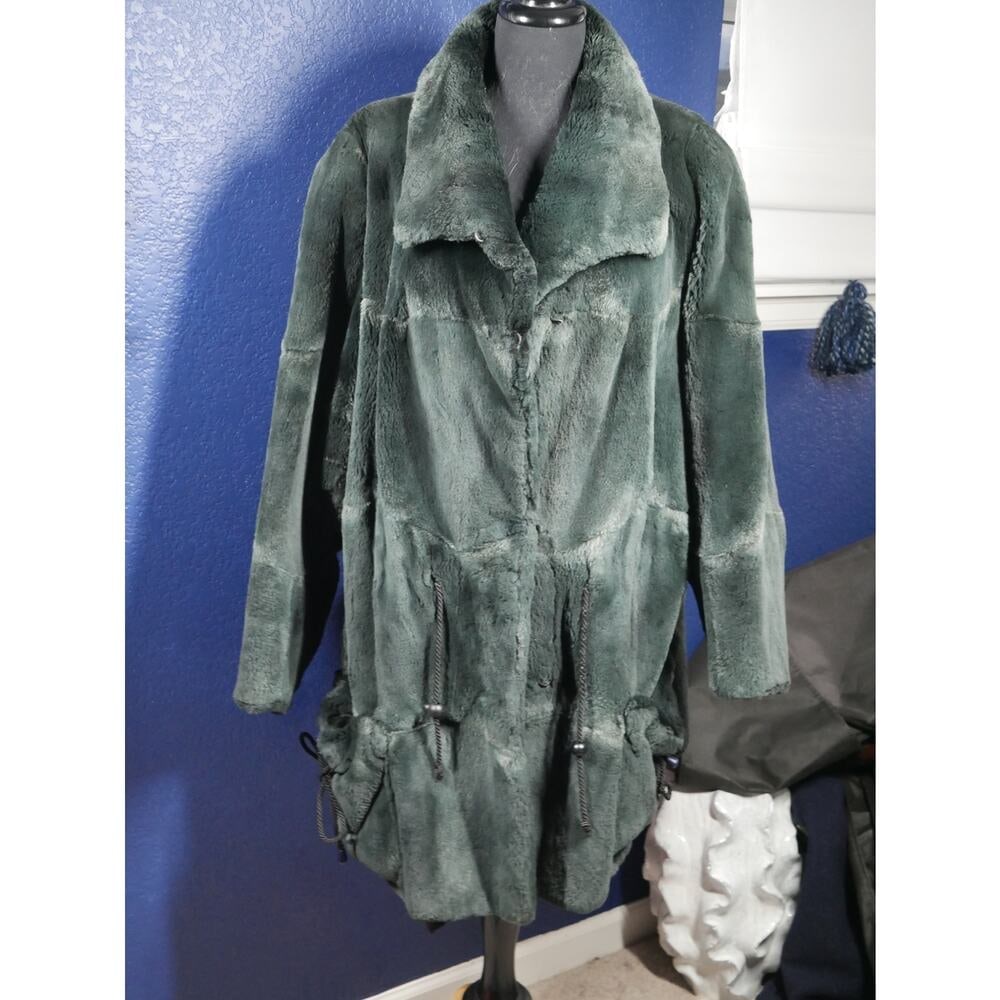 Stunning Dark Emerald Green Sheared Muskrat Beaver Fur Coat Jacket XL Plus (1 of 5)