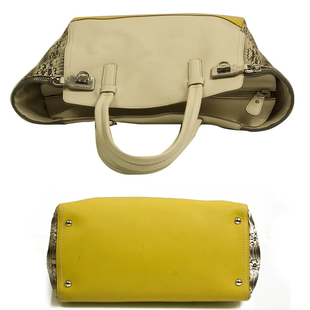 Salvatore Ferragamo cream & yellow leather plus snakeskin tote shopper bag - 3