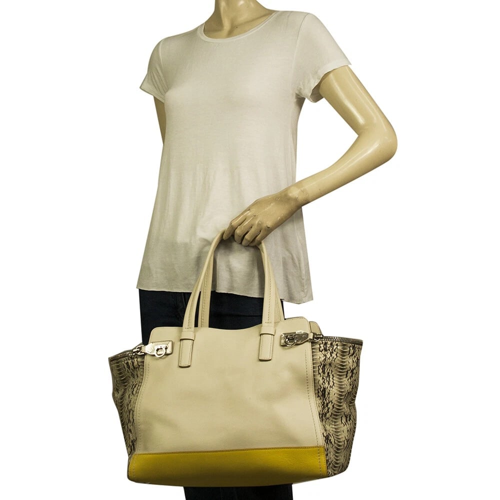 Salvatore Ferragamo cream & yellow leather plus snakeskin tote shopper bag - 9