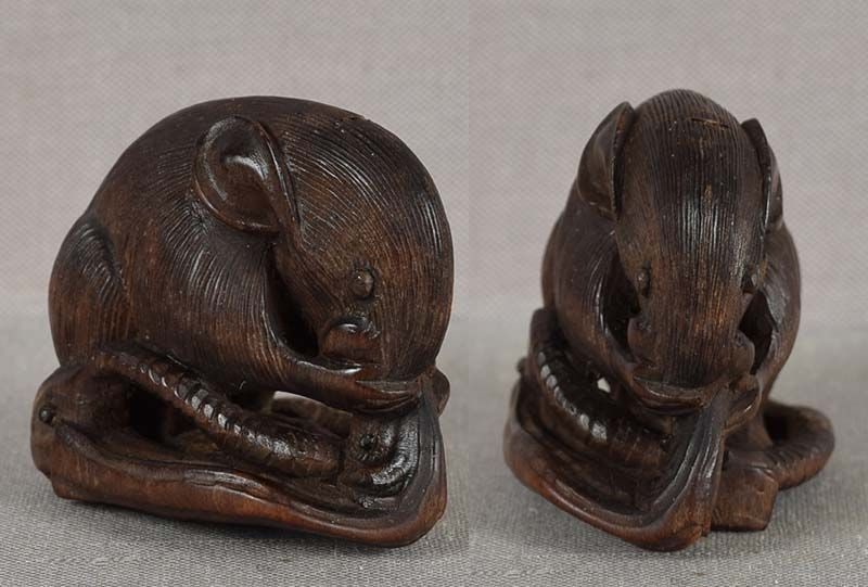 19c netsuke RAT eating dried SHIRASU FISH - 2
