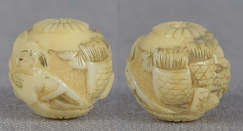 19c marine OJIME netsuke slide GOURD AGAINST NAMAZU by IKKO - 2