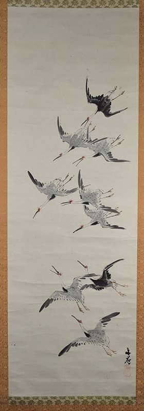 1920s Japanese scroll painting 9 CRANES after TANI BUNCHO: Late Taisho (1920s) Japanese scroll painting in ink and colors on paper of a flock of 9 cranes in flight after Tani Buncho (1763 – 1841). Beautifully captured spirit of joy of flight, excellent