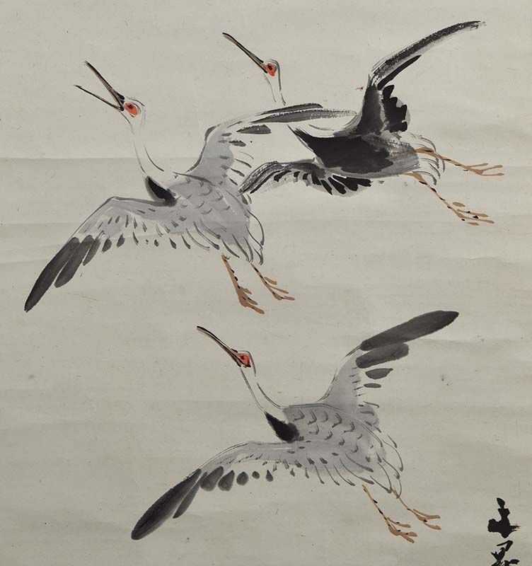 1920s Japanese scroll painting 9 CRANES after TANI BUNCHO - 5