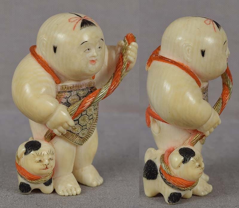 19c netsuke BOY with puppy by HOZAN - 2