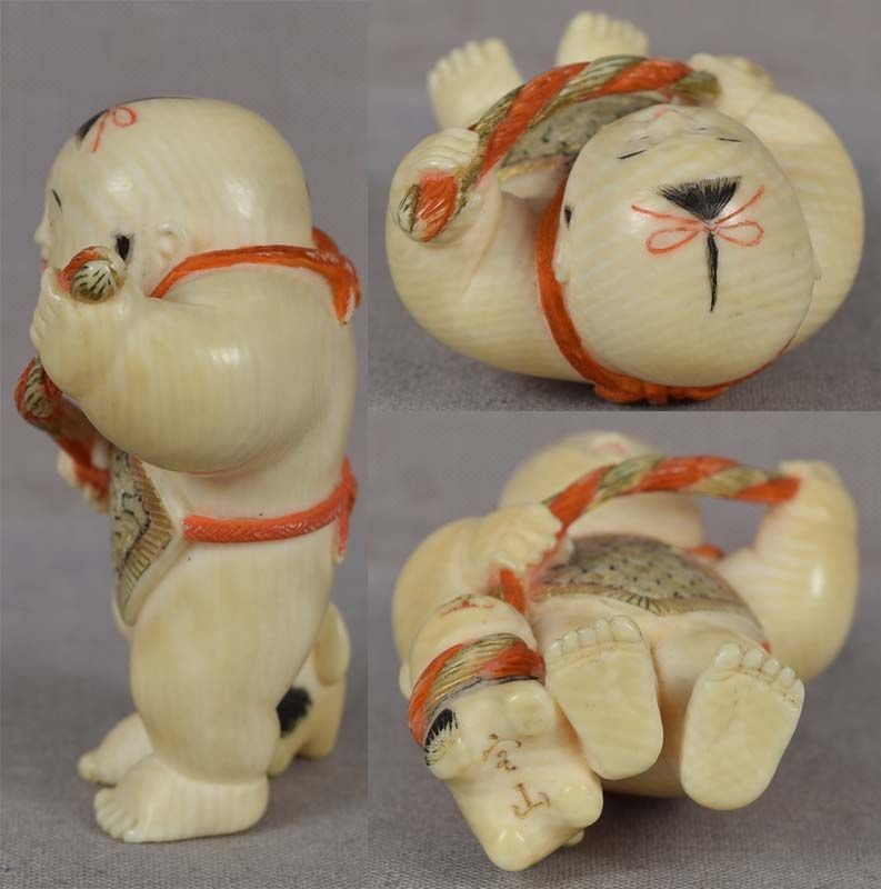 19c netsuke BOY with puppy by HOZAN - 4