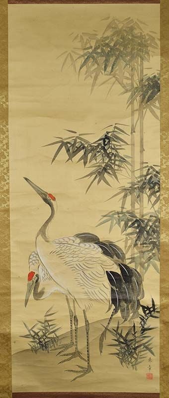 19c Japanese scroll painting CRANES & bamboo after Nakajima Raisho (1 of 6)