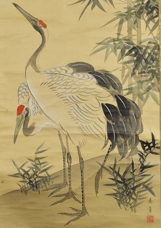 19c Japanese scroll painting CRANES & bamboo after Nakajima Raisho - 3