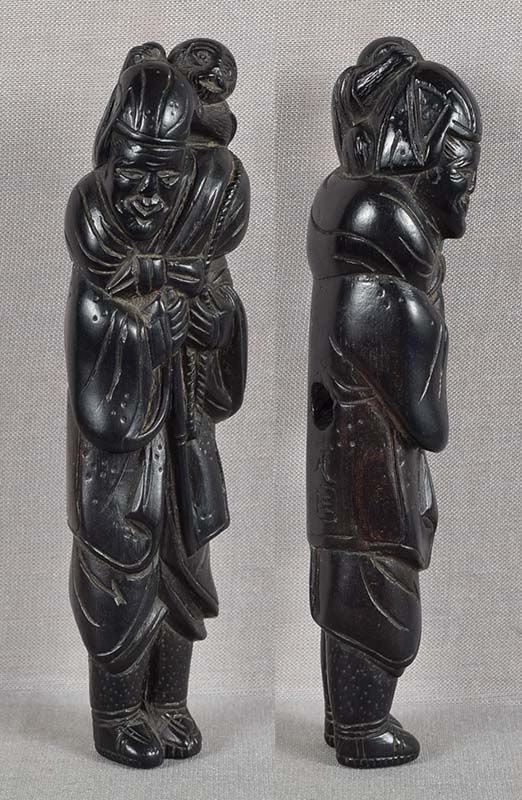 18/19c ebony netsuke FOREIGN MONKEY TRAINER by SADAKOKU 10.6cm - 3