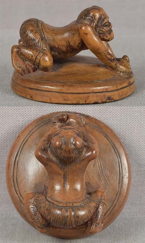 Early 19c netsuke ONI polishing mirror - 3