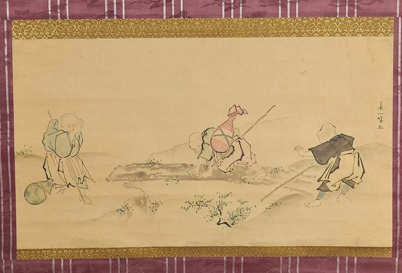 19c Japanese scroll painting BLIND MUSICIANS after HANABUSO ITCHO (1 of 4)