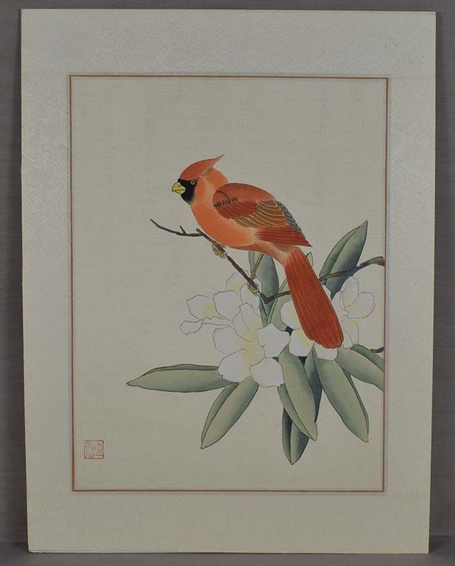 19c Chinese painting INK on SILK bird NORTHERN CARDINAL - 2