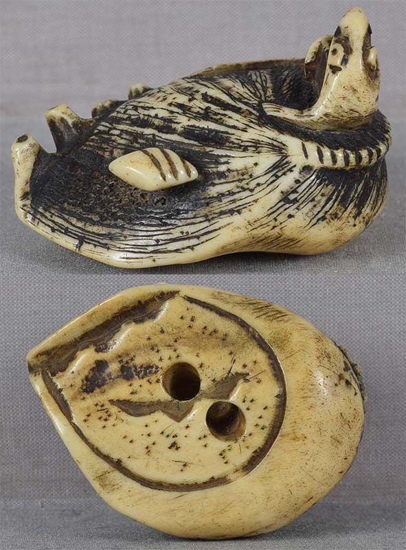 18 / 19c staghorn netsuke RAT on ABALONE - 4