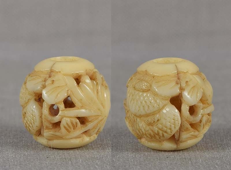 19c marine OJIME netsuke slide DRAGON TAIL & CHRYSANTHEMUM - 2