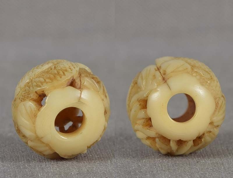 19c marine OJIME netsuke slide DRAGON TAIL & CHRYSANTHEMUM - 4