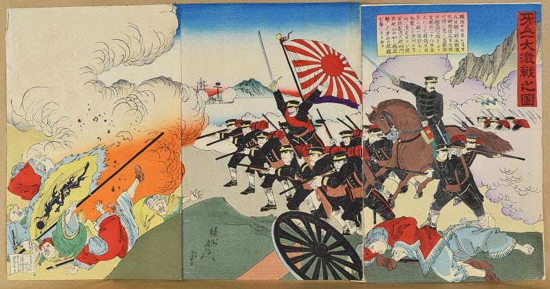 1894 Japanese print Sino-Japanese War BATTLE OF ASAN by CHIKANOBU: Original 1894 Japanese woodblock print triptych THE BATTLE OF ASAN by Toyohara Chikanobu (1838–1912) from his “Victory at Asan" series of sensō-e (war prints). It depicts the First