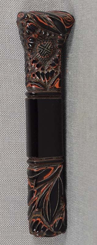 19c Japanese lacquer KANZASHI hair pin various flowers: Late Meiji period (1890s to 1912) short Japanese lacquer kanzashi - a hair pin - with carved decoration of different flowers. Excellent work in Japanese taste, differently colored lacquer layers, in