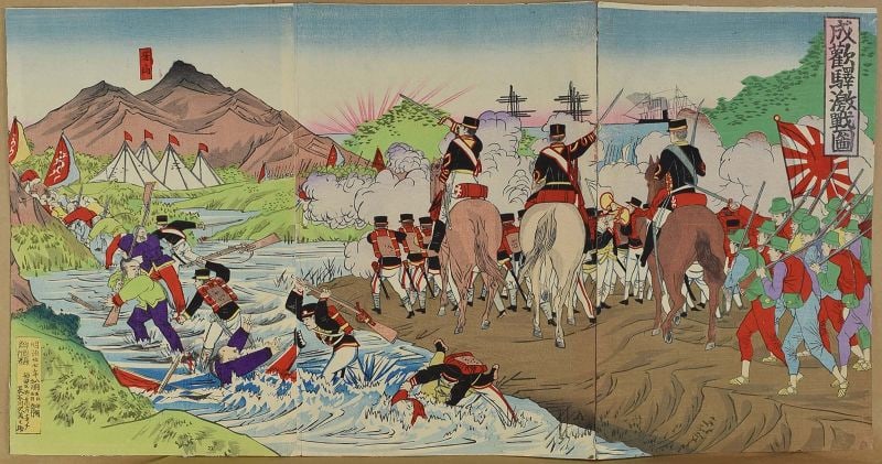 1894 Japanese print Sino-Japanese War BATTLE OF ASAN by SADANOBU II: Original 1895 Japanese woodblock triptych by Hasegawa Sadanobu II (1848-1940) from a series of sensō-e (war prints). It depicts the First Sino-Japanese War, specifically celebrating the Japanese