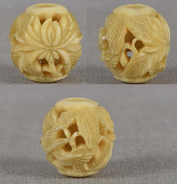19c marine OJIME netsuke slide BIRD & CHRYSANTHEMUM - 3
