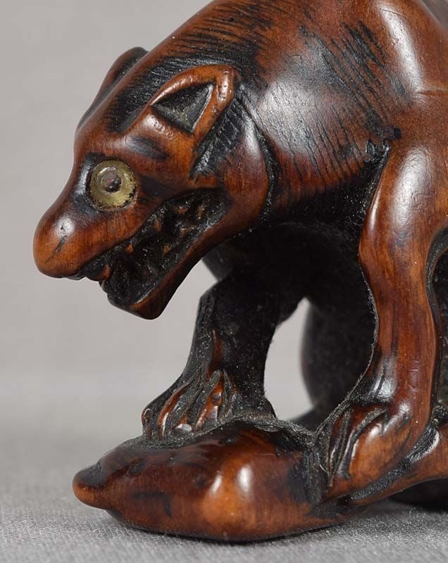 Early 19c netsuke WOLF with deer leg - 4