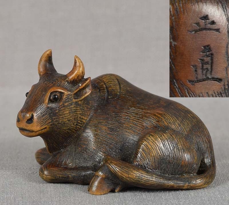 19c netsuke RESTING OX by MASANAO of Ise (1 of 6)