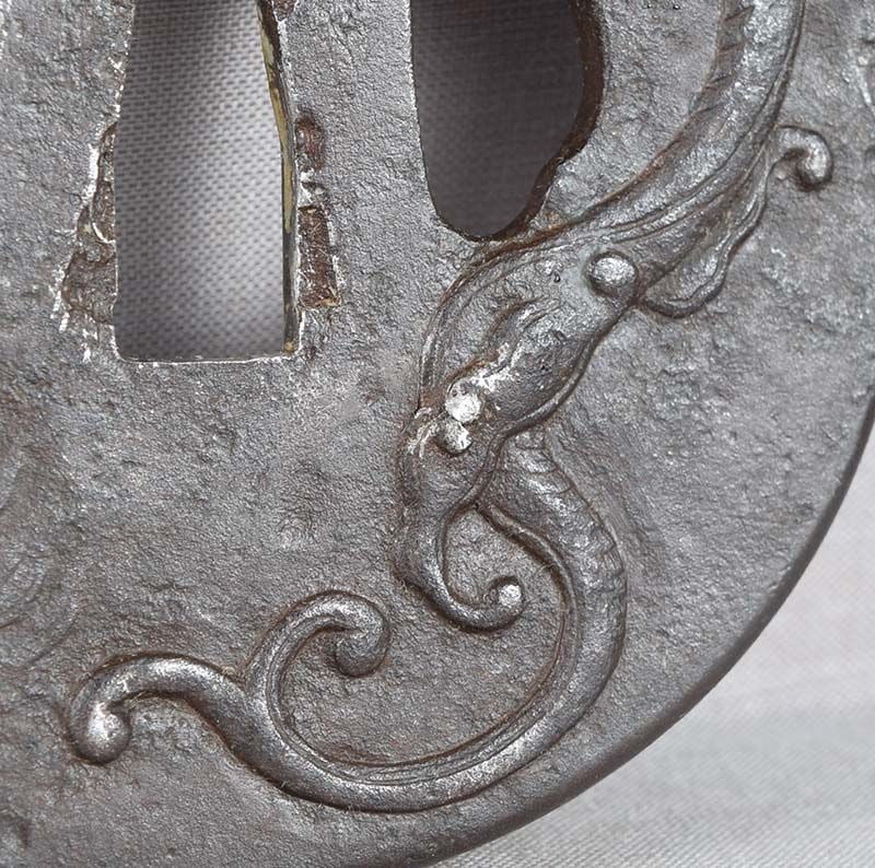 Large 18/19c Japanese sword TSUBA RAIN DRAGON - 4